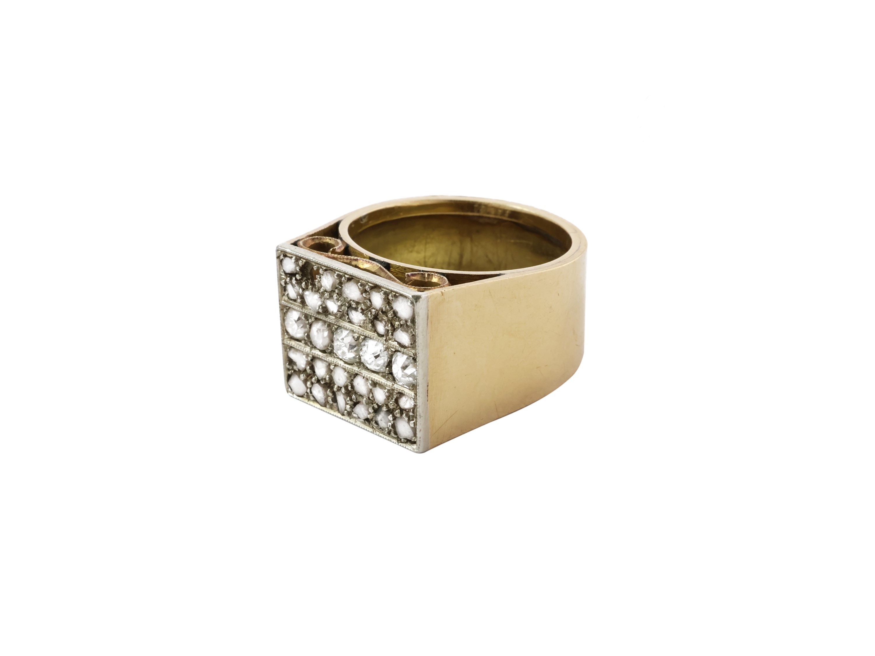 Anello Geometrico in Oro Giallo e Argento con Diamanti