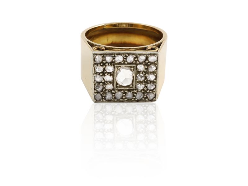 Anello Geometrico in Oro Giallo e Argento con Diamanti