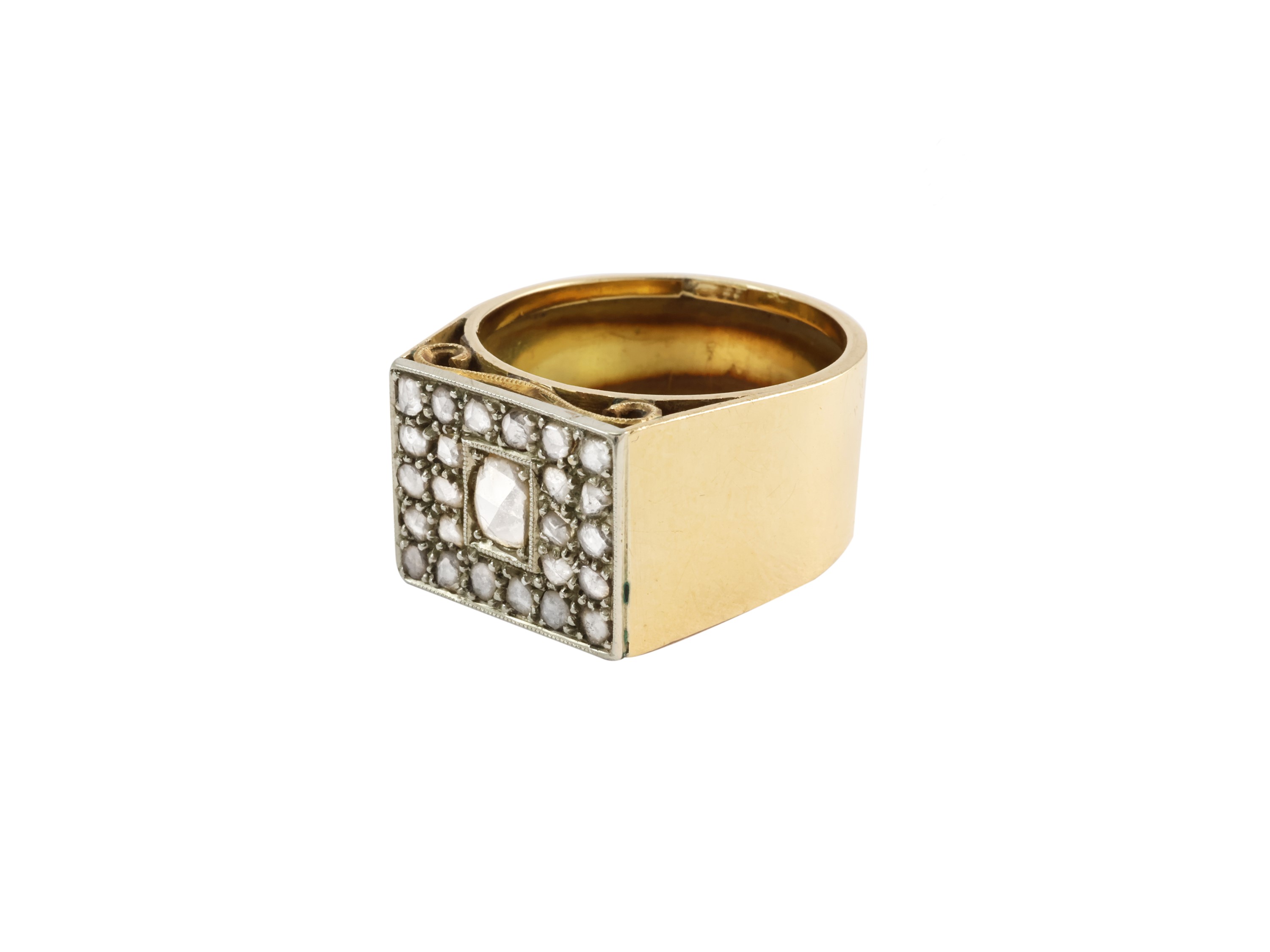 Anello Geometrico in Oro Giallo e Argento con Diamanti