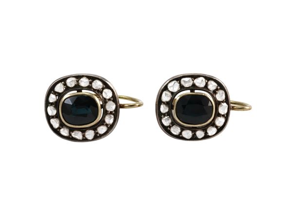 Yellow gold and silver earrings with sapphires and diamonds
