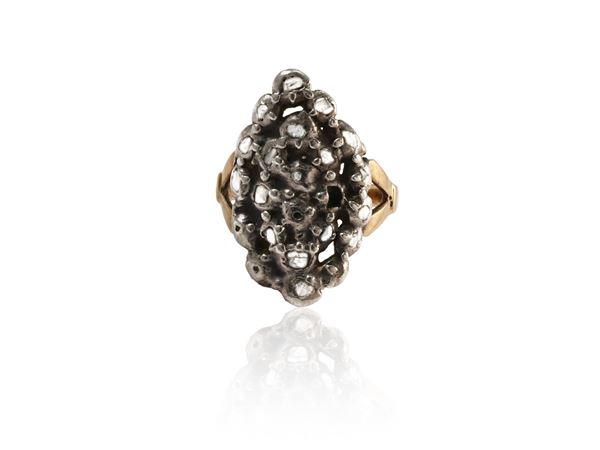 Yellow  gold and silver lozenge ring with diamonds