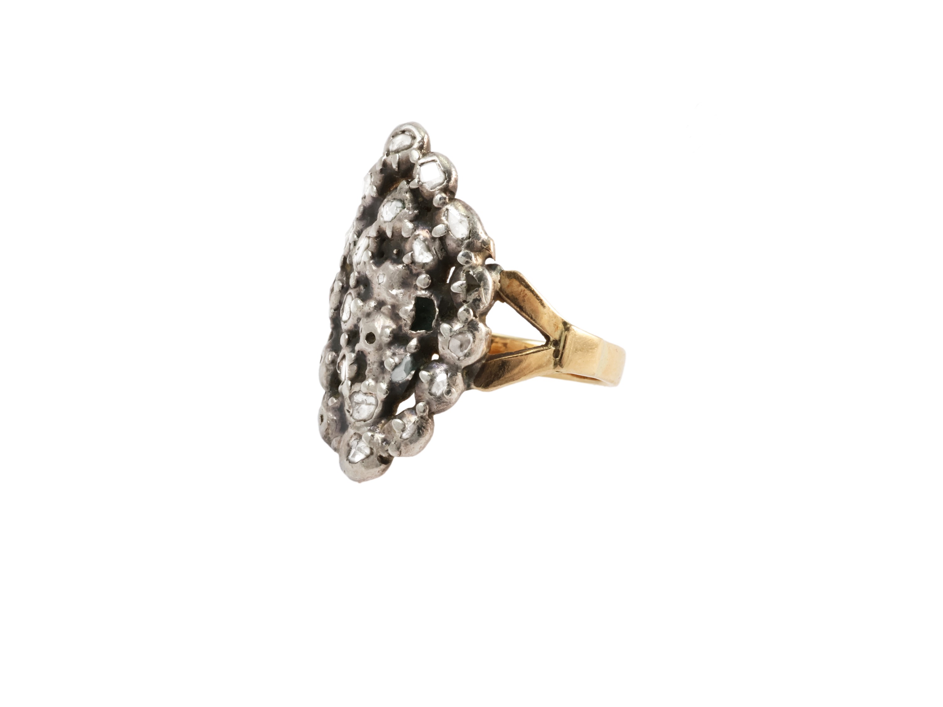 Anello a Losanga in Oro Giallo e Argento con Diamanti