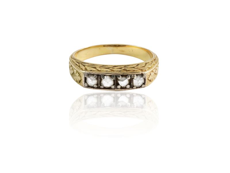 Anello Rivière in Oro Giallo e Argento con Diamanti