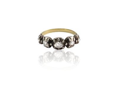Anello Rivière in Stile Antico in Oro Giallo e Argento con Diamanti