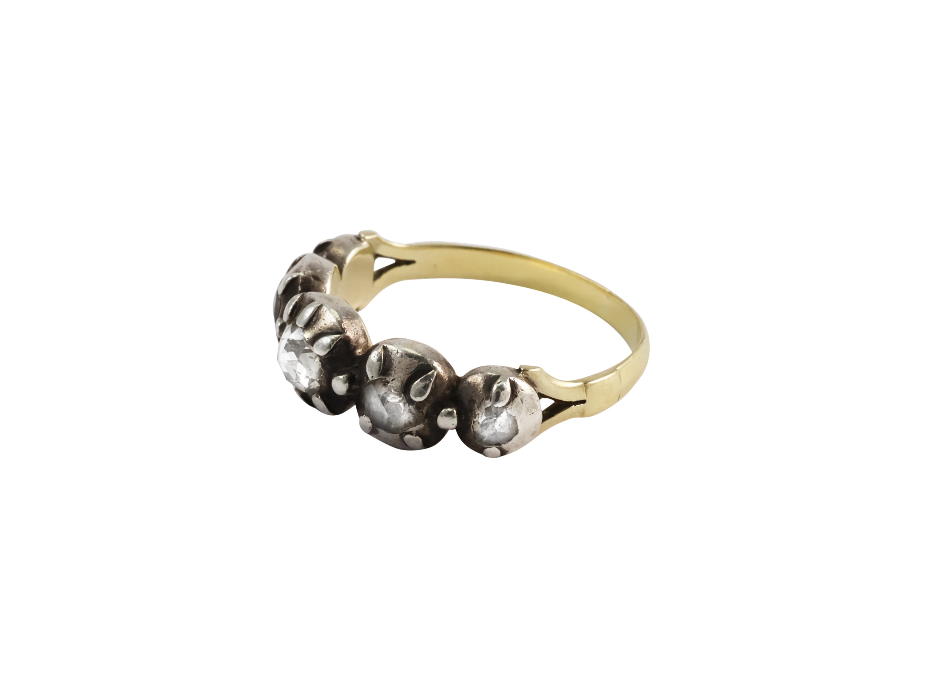 Anello Rivière in Stile Antico in Oro Giallo e Argento con Diamanti
