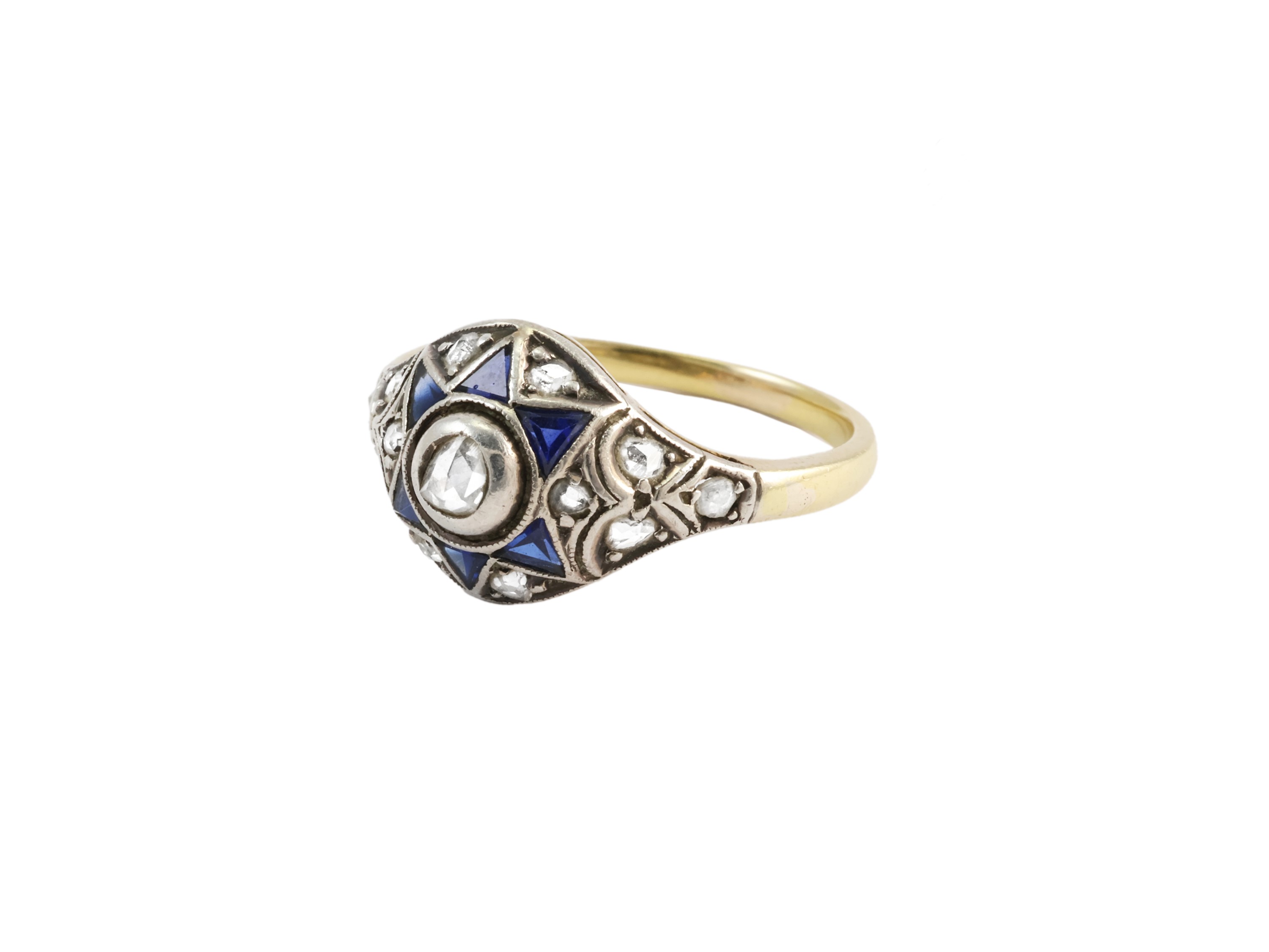 Anello Solitario in Oro Giallo e Argento con Diamanti e Zaffiri