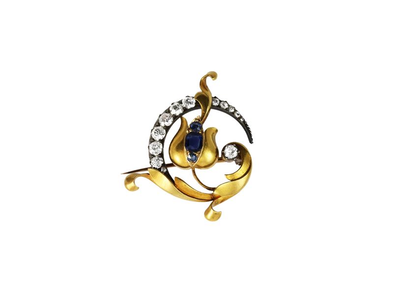 Spilla Liberty in Oro Giallo e Argento con Diamanti e Zaffiri