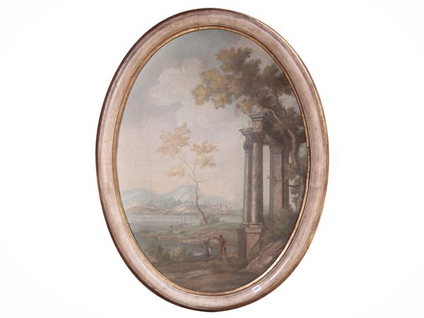Scuola francese del XIX secolo - Paesaggio con rovine classiche e personaggi