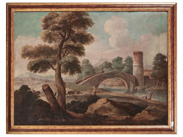 Scuola veneta del XVIII/XIX secolo - Paesaggio fluviale con ponte e personaggi