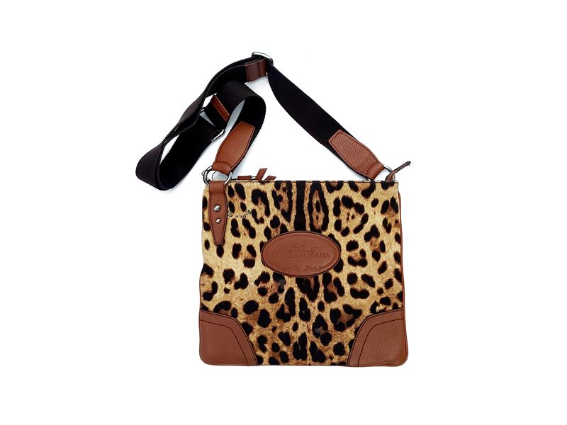 Dolce & Gabbana - Borsa a Tracolla in Tessuto Animalier e Pelle Marrone