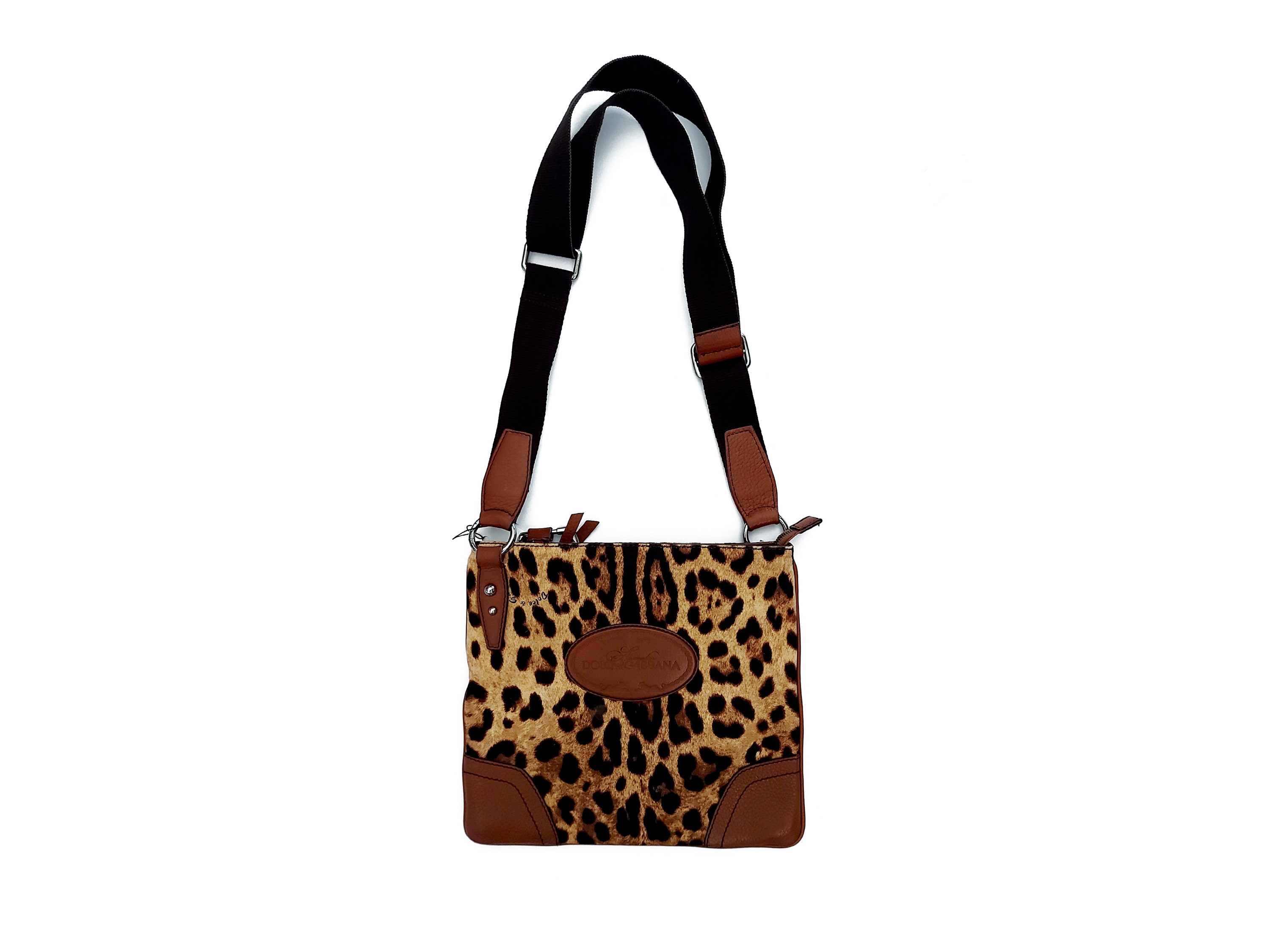 Dolce & Gabbana - Borsa a Tracolla in Tessuto Animalier e Pelle Marrone