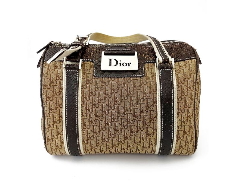 Christian Dior - Bauletto in tessuto monogram Diorissima e pitone marrone