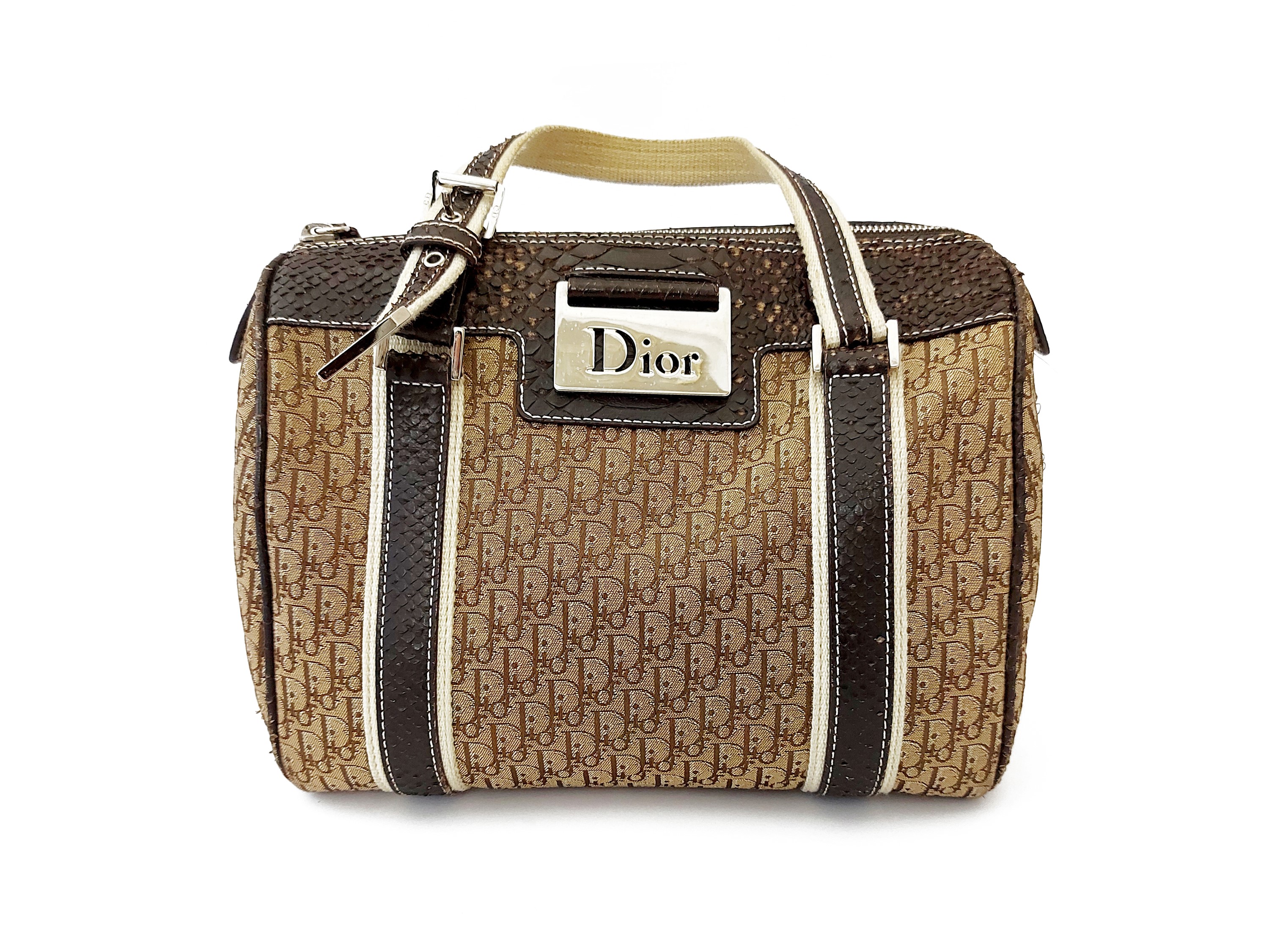 Christian Dior - Bauletto in tessuto monogram Diorissima e pitone marrone