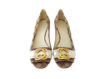 Gucci - Ballerina con Tacco in Tessuto Monogram Marrone