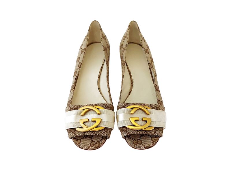 Gucci - Ballerina con Tacco in Tessuto Monogram Marrone