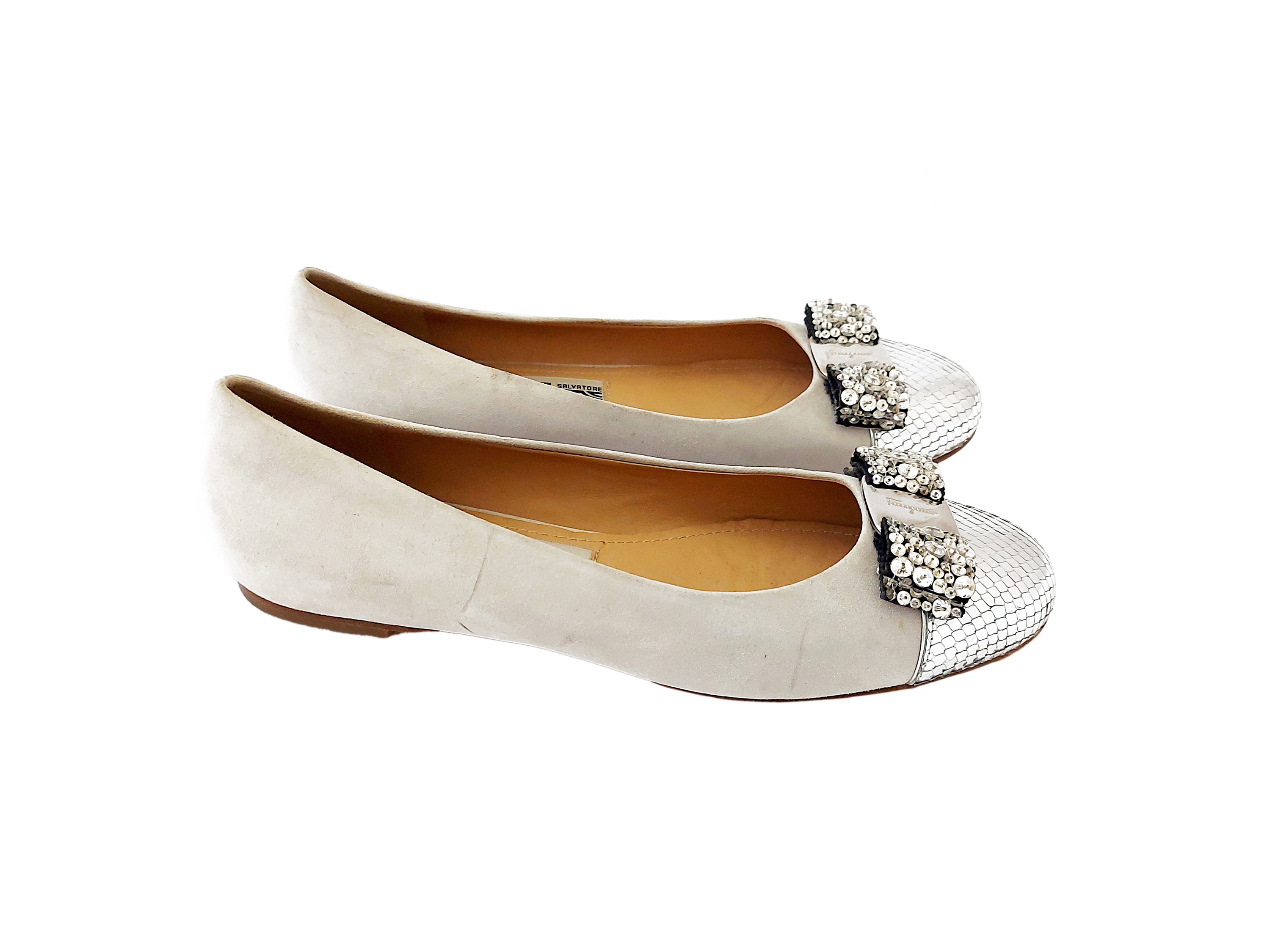 Salvatore Ferragamo - Ballerine in Suede Color Ghiacco e Argento Pitonato