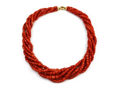 Collana Multifilo di Corallo in Barilotti con Fermezza in Oro Giallo