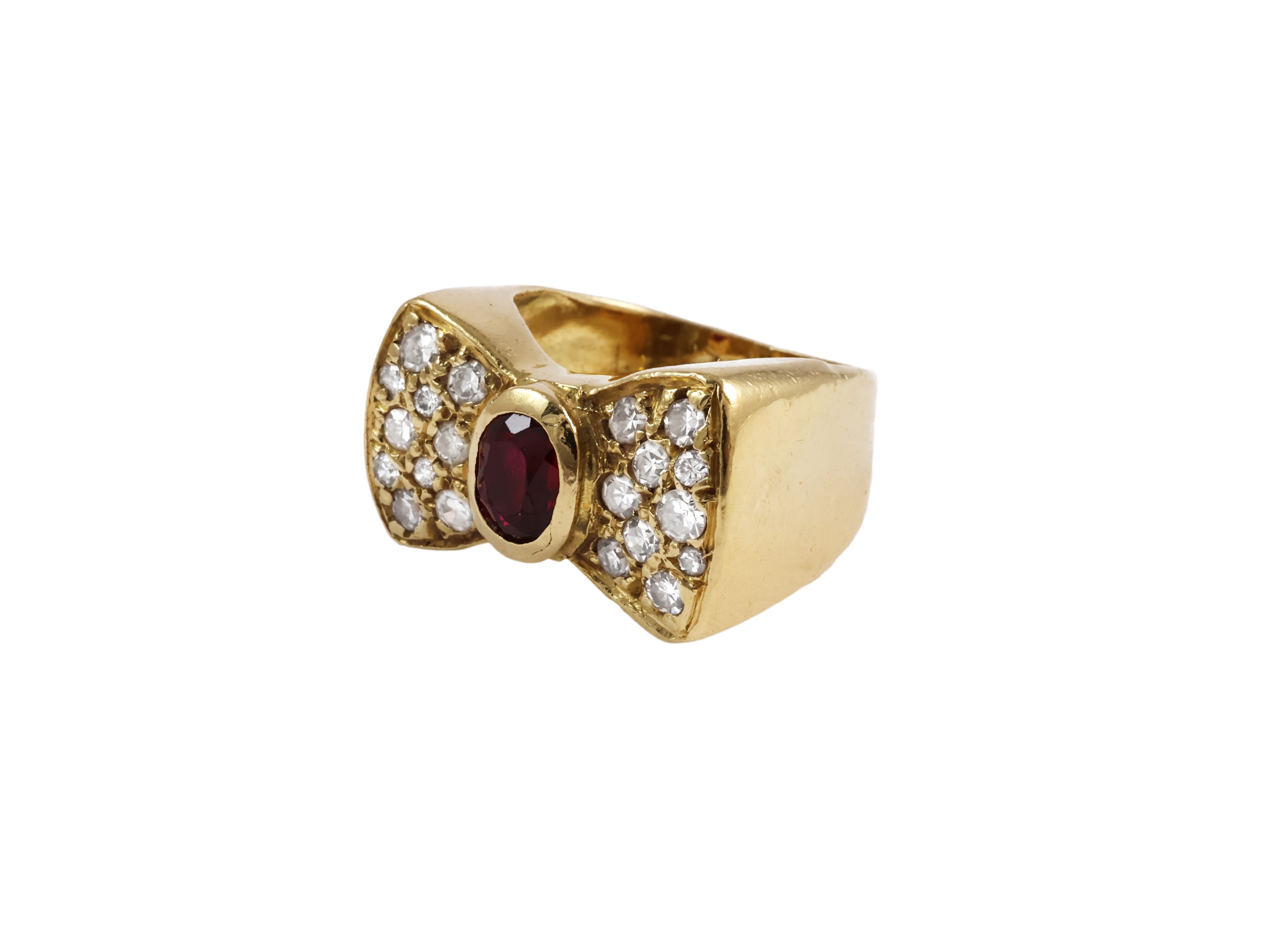 Anello a Fiocco in Oro Giallo con Rubino e Diamani