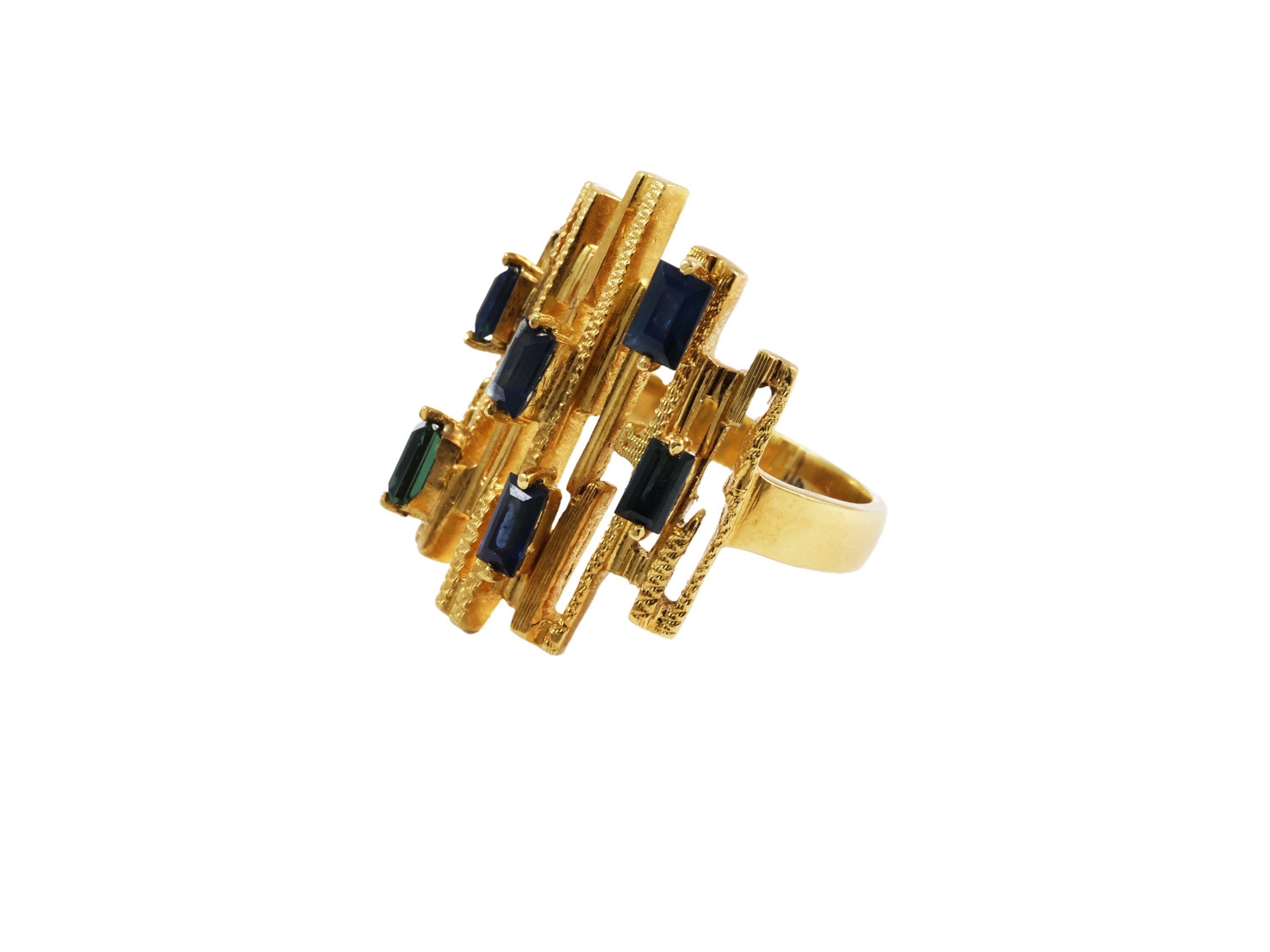Anello Geometrico in Oro Giallo con Zaffiri