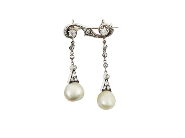 Yellow gold barret brooch with low -tited yellow gold and silver pendants with pearls and diamonds