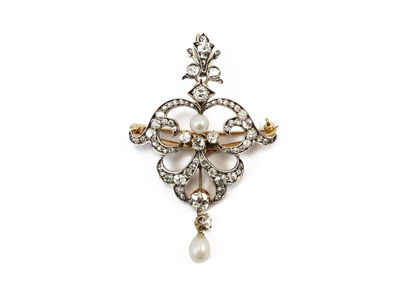 Pendente Spilla Liberty in Oro Giallo e Argento con Diamanti e Perle
