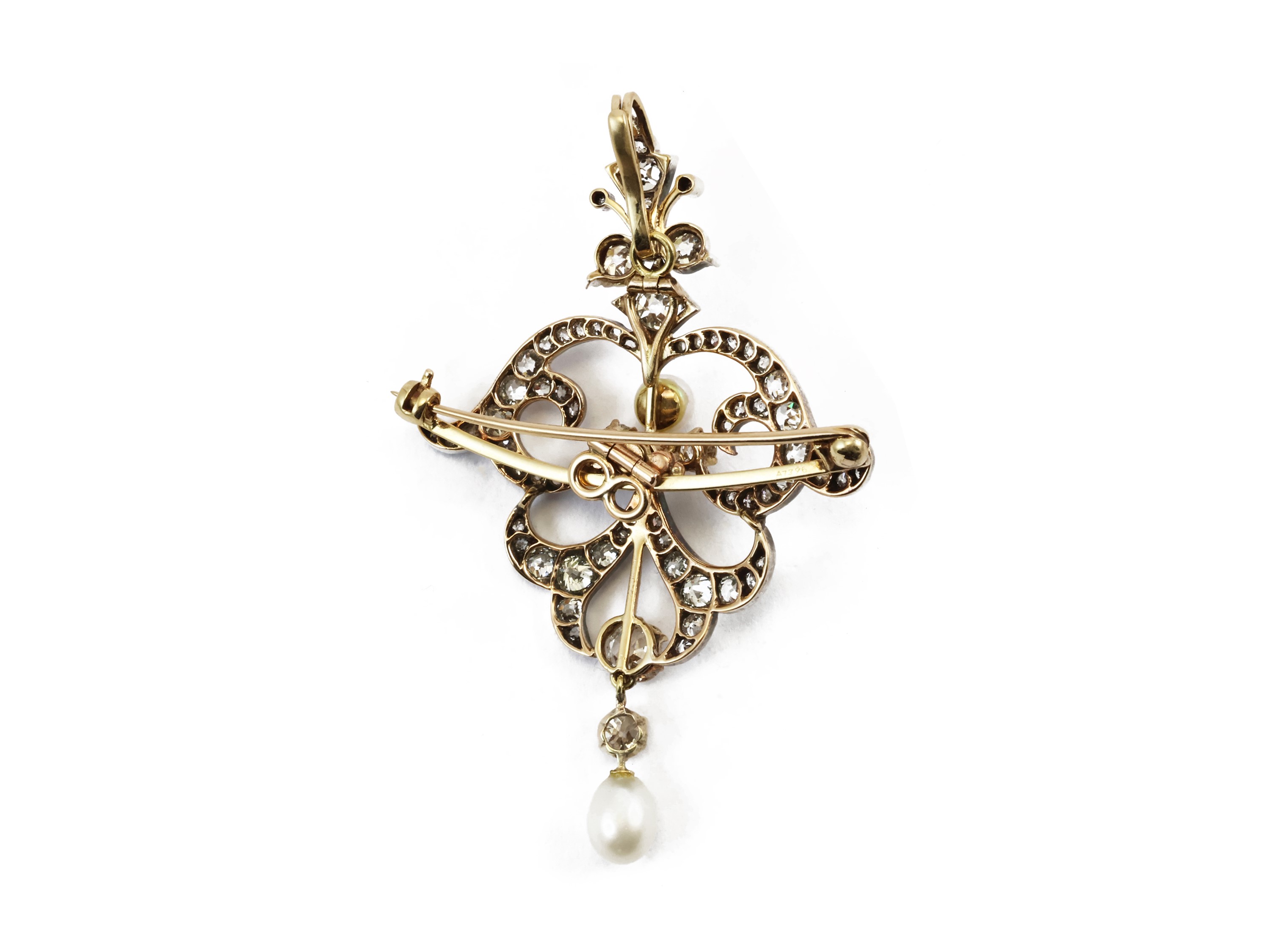 Pendente Spilla Liberty in Oro Giallo e Argento con Diamanti e Perle