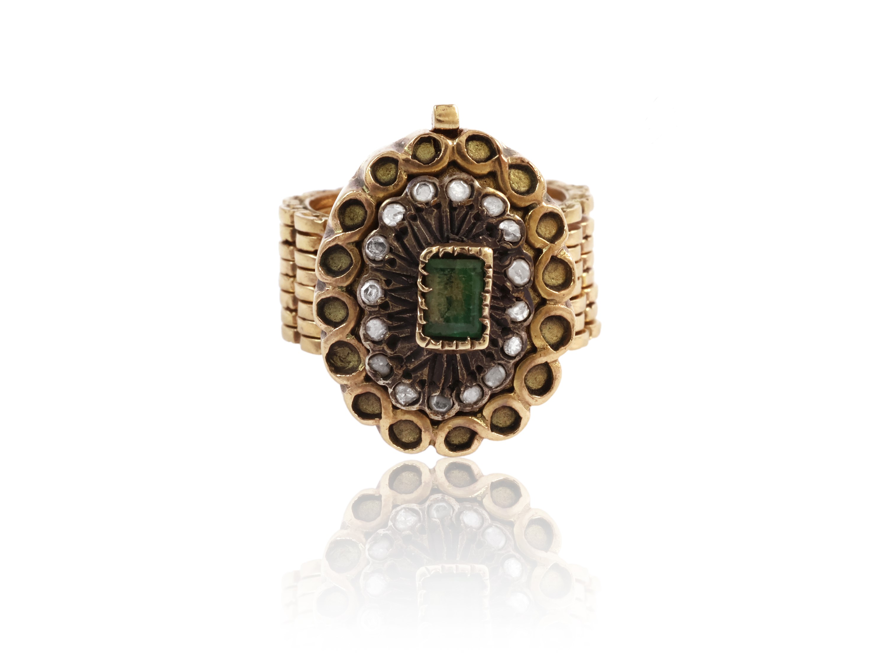 Anello Trasformabile in Bracciale in Oro Giallo a Basso Titolo e Argento con Diamanti e Smeraldo