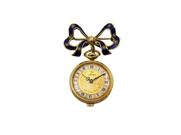 Yellow gold and enamels bow brooch with Unver watch