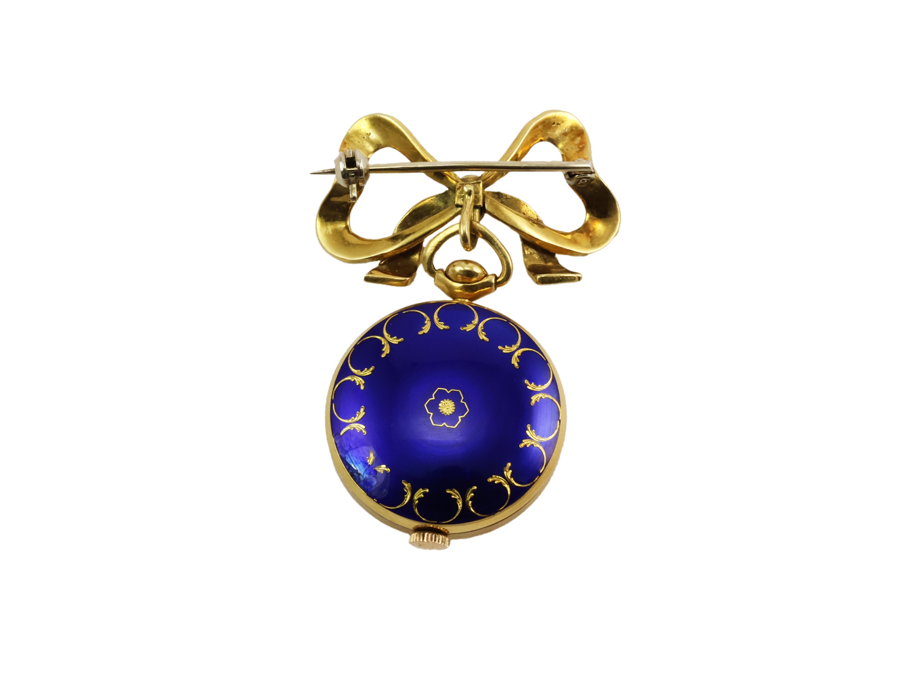 Spilla Fiocco con Orologio Unver in Oro Giallo e Smalti Policromi