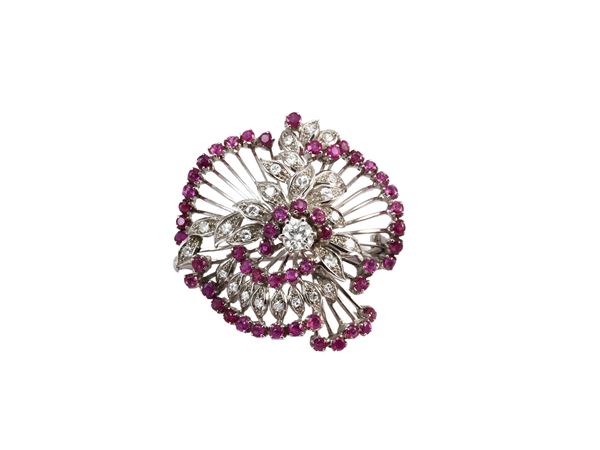 White gold brooch with diamonds and rubies