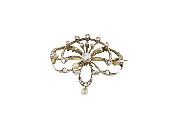 Liberty  yellow gold and silver brooch with diamonds and pearls