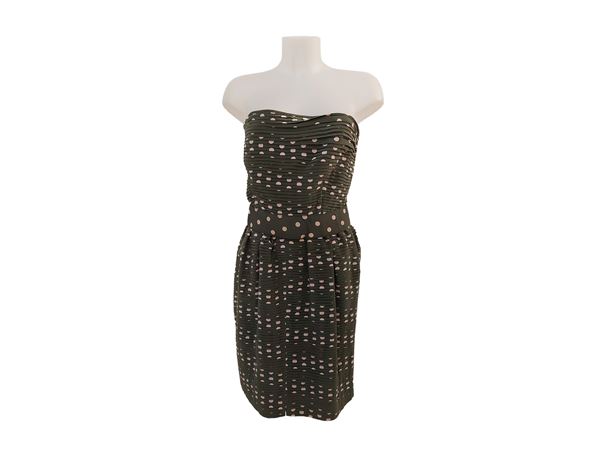 Valentino - Pink polka dot silk sheath dress on moss green background