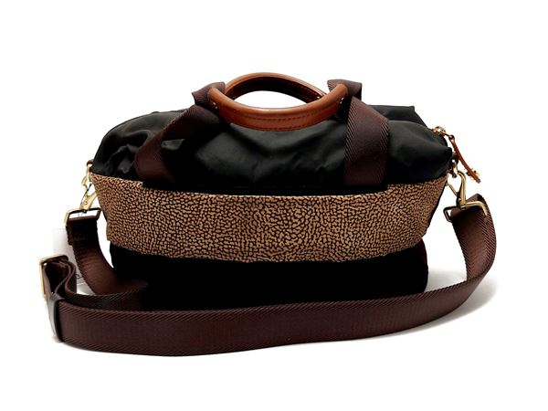 Bourbonese - handbag and shoulder strap in black and brown nylon