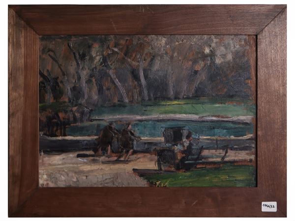 Scuola toscana del XX secolo - Scorcio di parco con personaggi