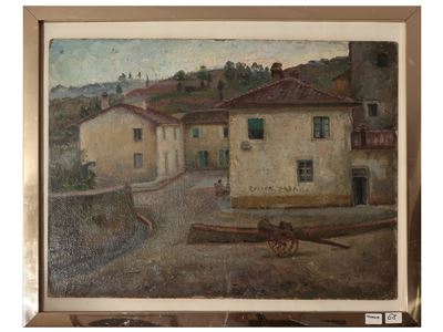 Scorcio di paese, olio su cartoncino