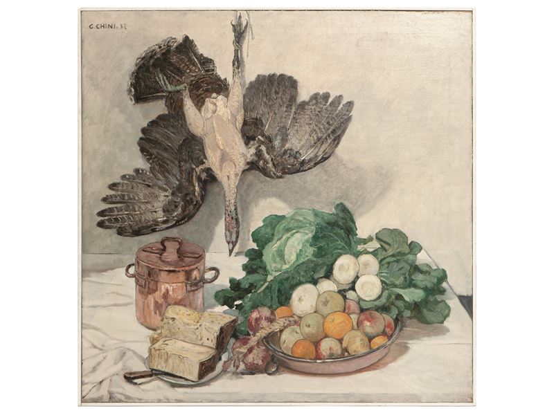 Grande natura morta con composizione di cavoli, frutta, una pentola in rame e un tacchino 1932
