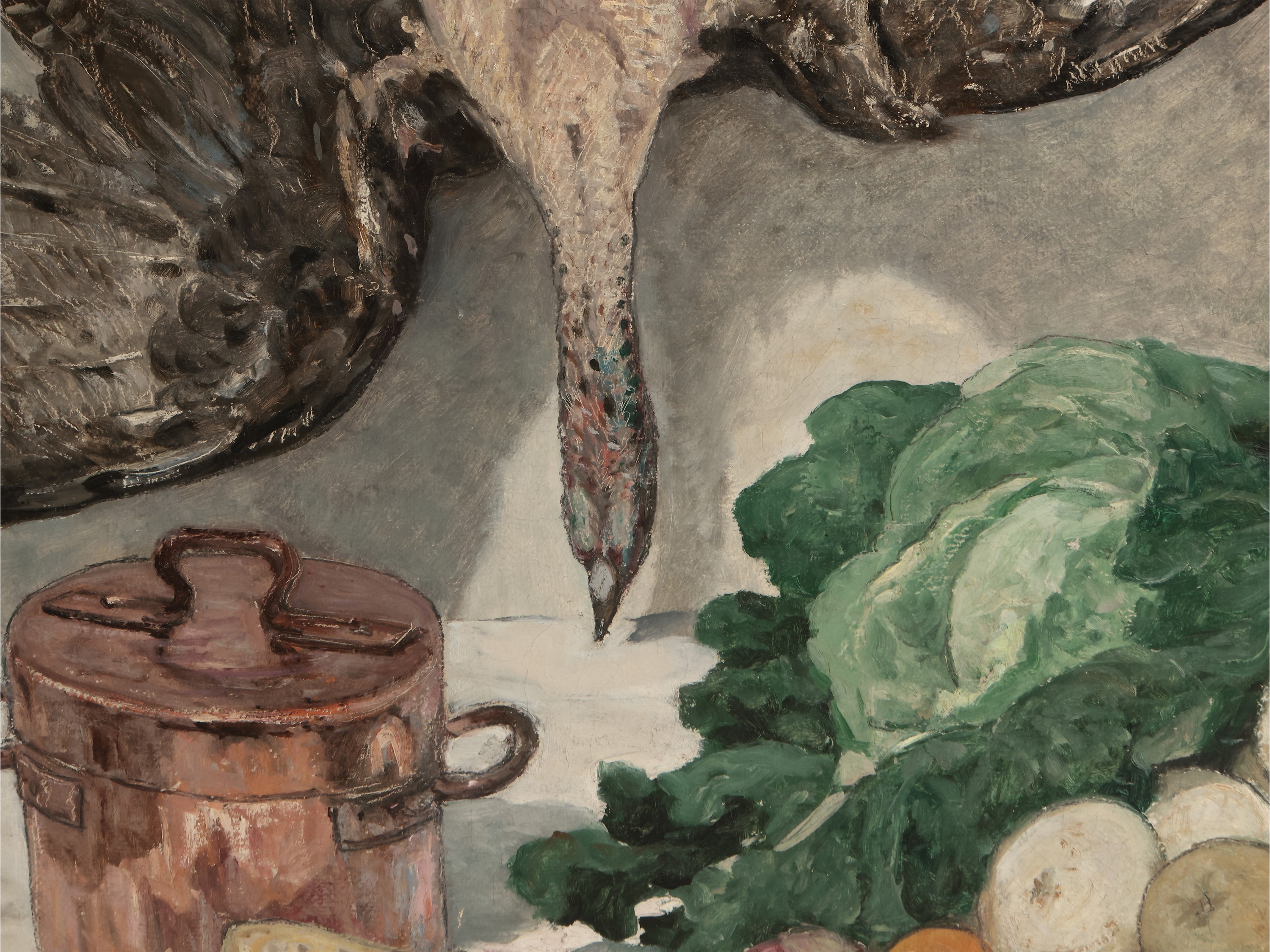 Grande natura morta con composizione di cavoli, frutta, una pentola in rame e un tacchino 1932