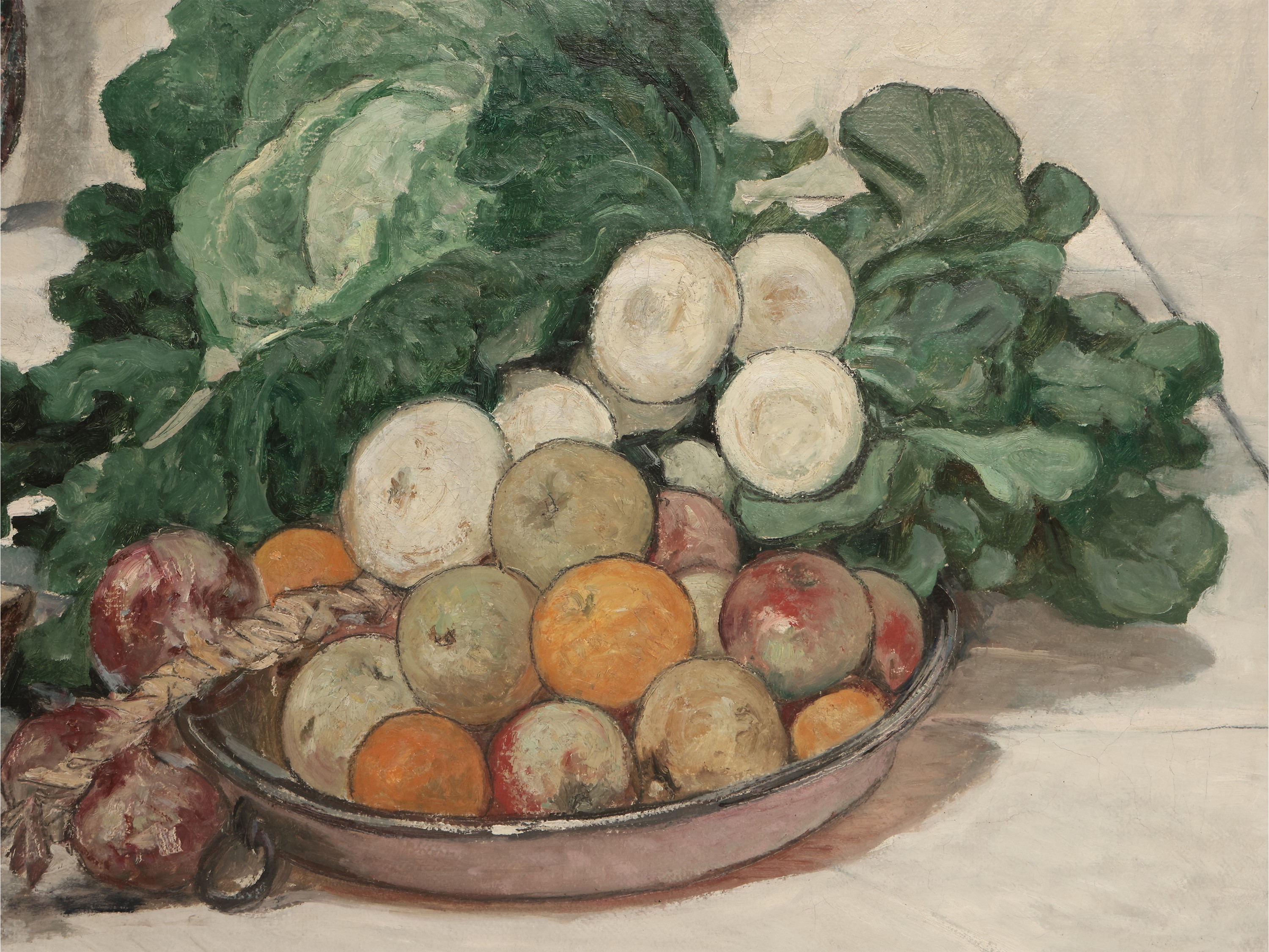 Grande natura morta con composizione di cavoli, frutta, una pentola in rame e un tacchino 1932