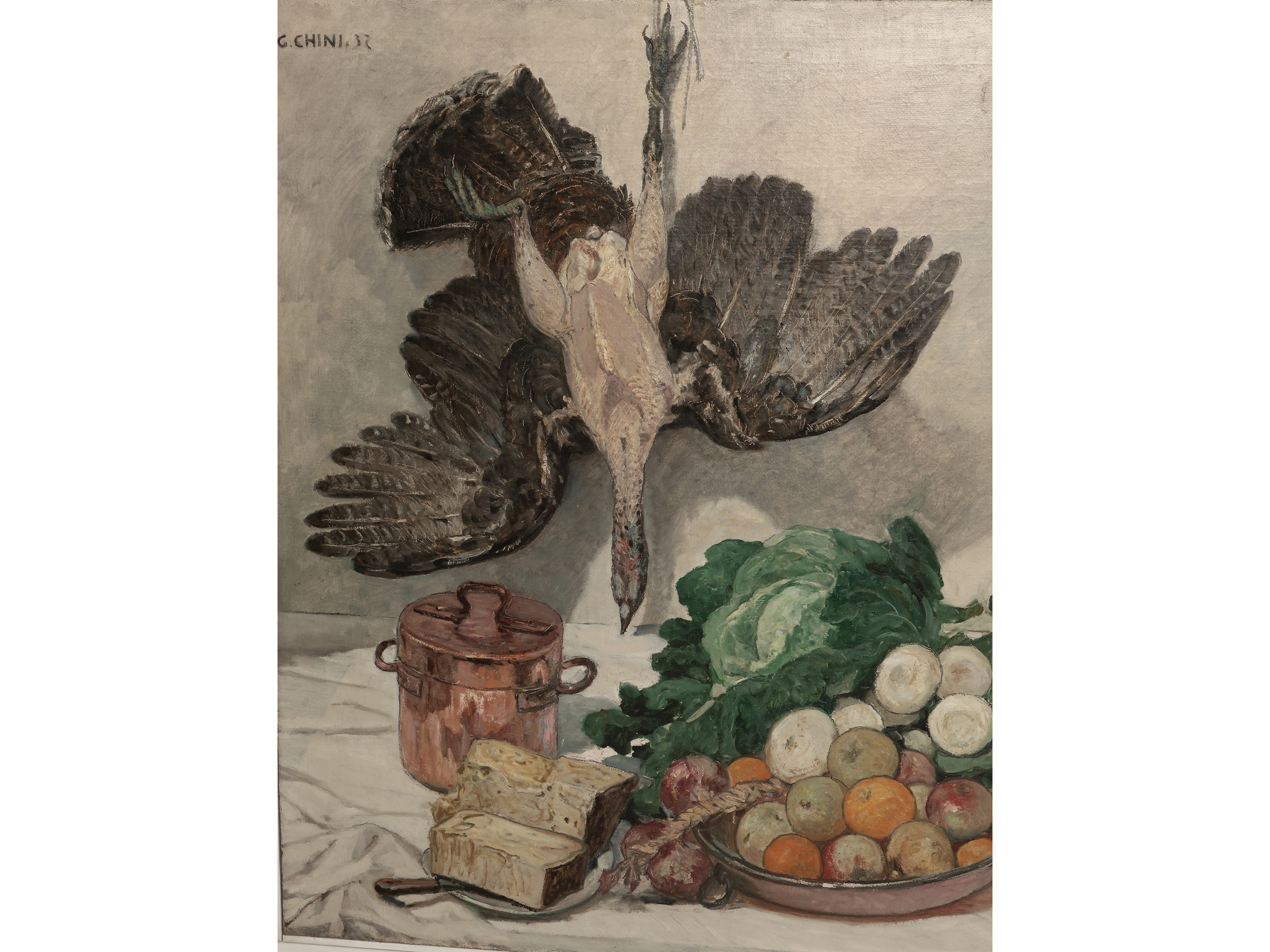 Grande natura morta con composizione di cavoli, frutta, una pentola in rame e un tacchino 1932