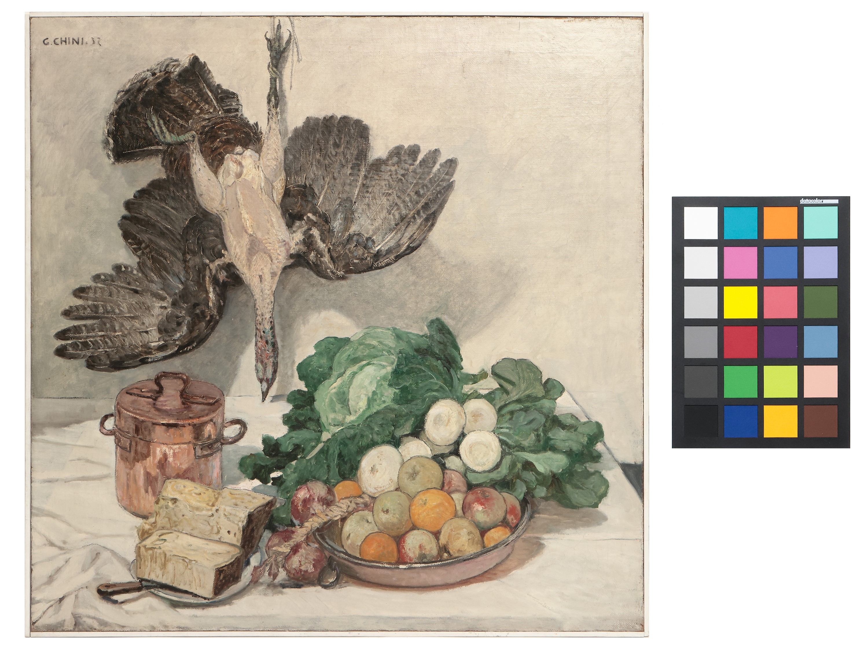 Grande natura morta con composizione di cavoli, frutta, una pentola in rame e un tacchino 1932