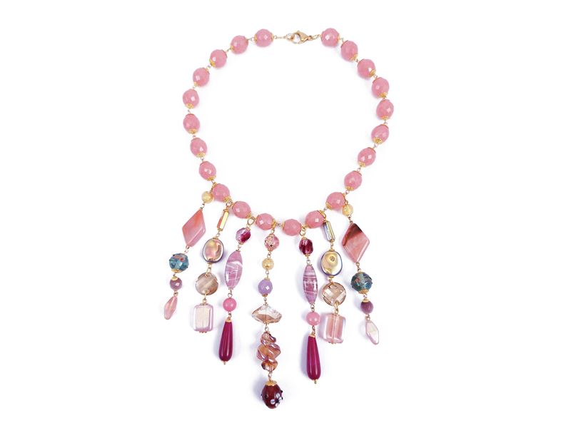 Collana con Pietre Rosa e Pendenti in Vetro di Murano