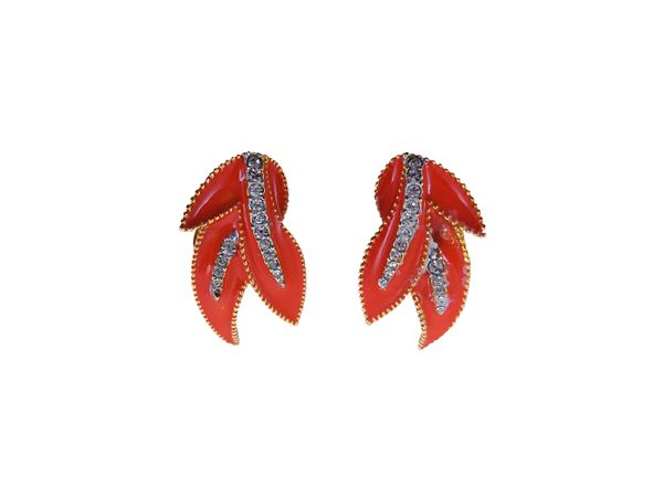 Coral enamel clip earrings made in the shape of leaves