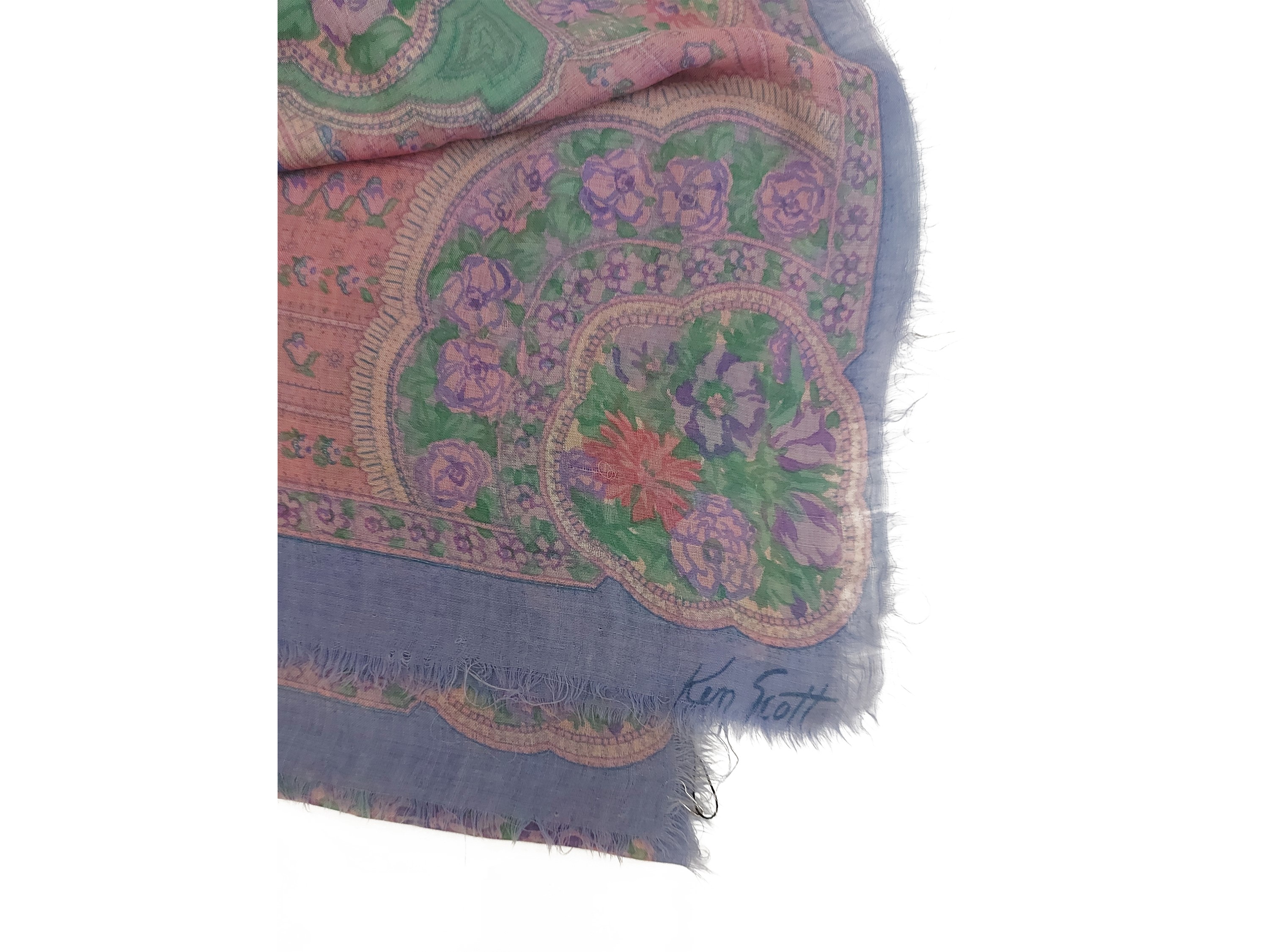 Ken Scott - Grande Foulard in Cotone a Motivo Floreale Rosa e Celeste