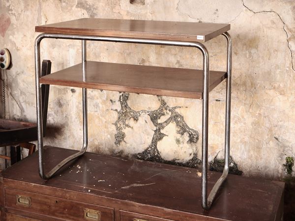 Tavolino di servizio in noce e metallo cromato