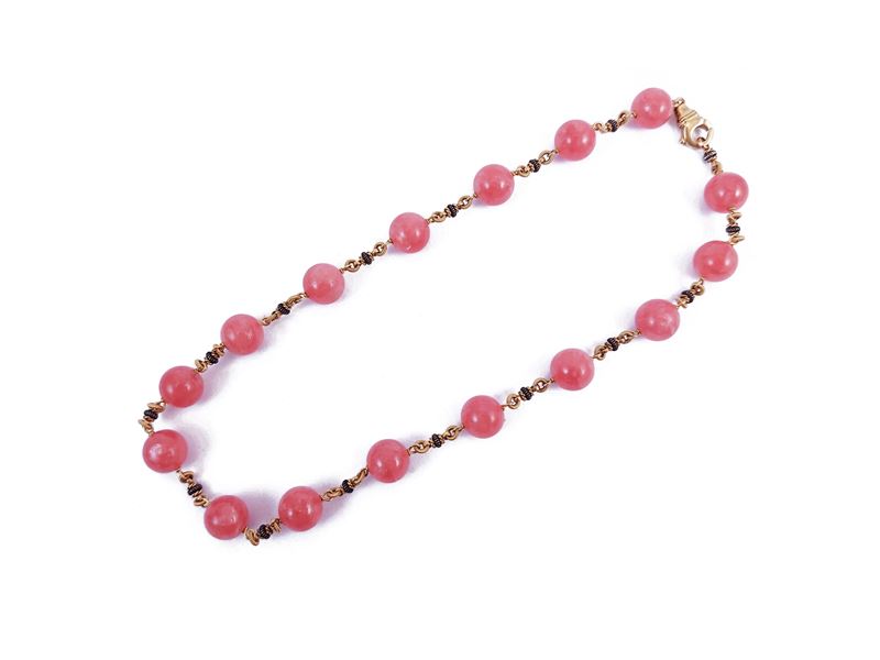 Collana in rodocrosite, oro giallo 18kt e argento
