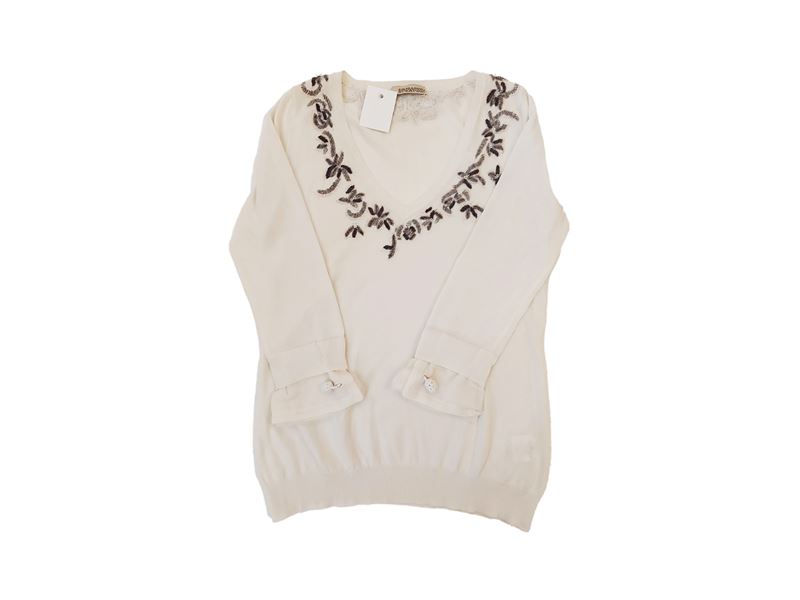 Ermanno Scervino - Maglia in Cotone Bianco con Ricamo di Perline