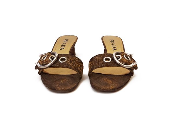 Prada - mules in bronze damask fabric