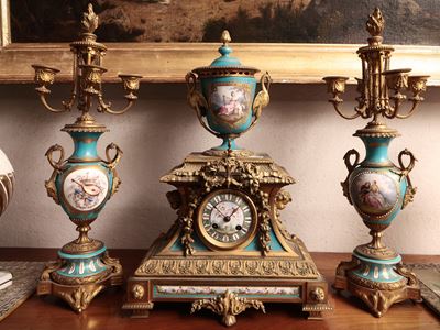 Trittico da Camino in Bronzo Dorato e Porcellana
