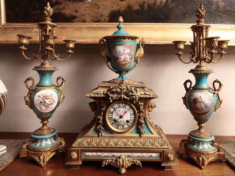 Trittico da Camino in Bronzo Dorato e Porcellana