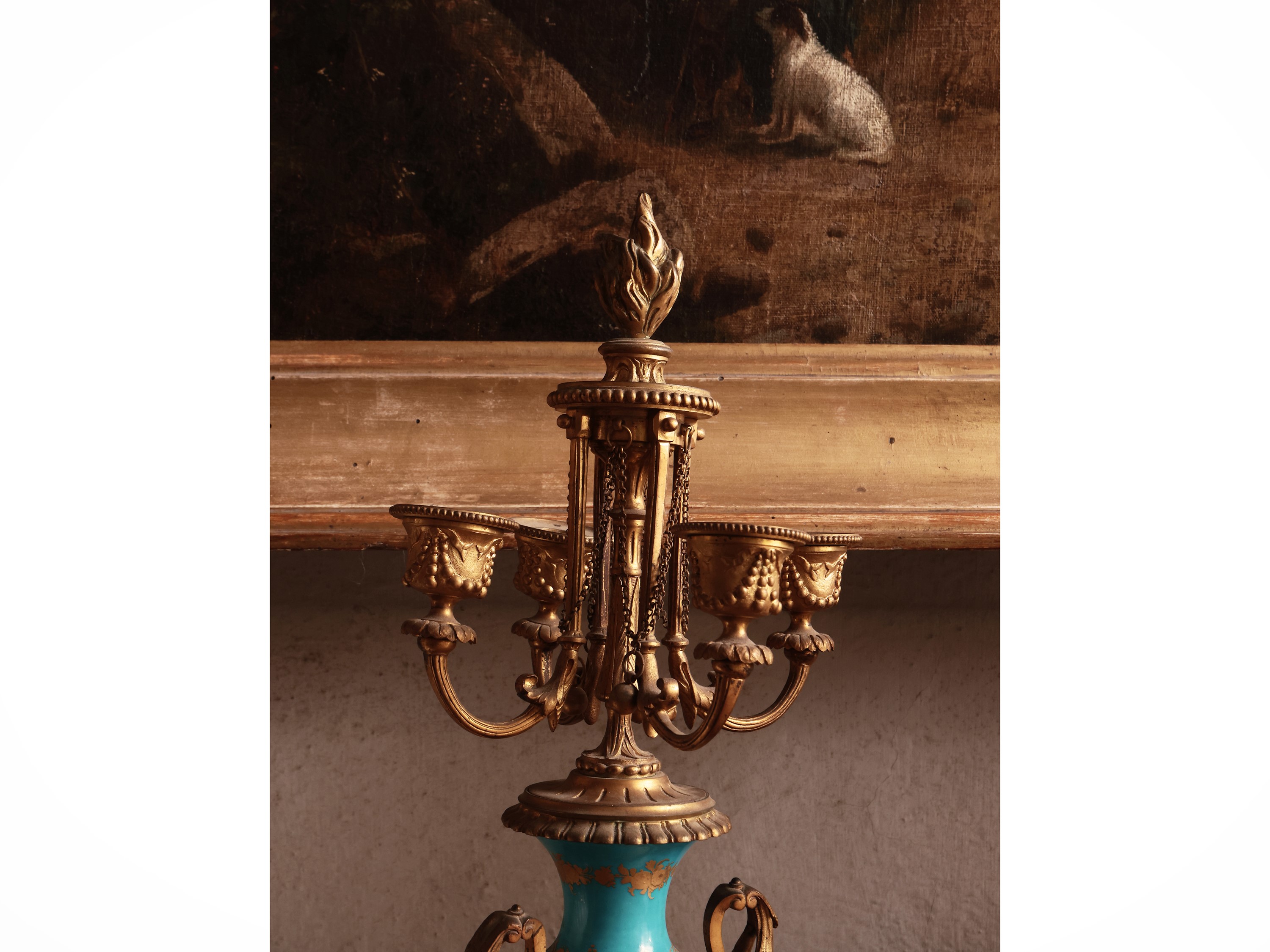 Trittico da Camino in Bronzo Dorato e Porcellana